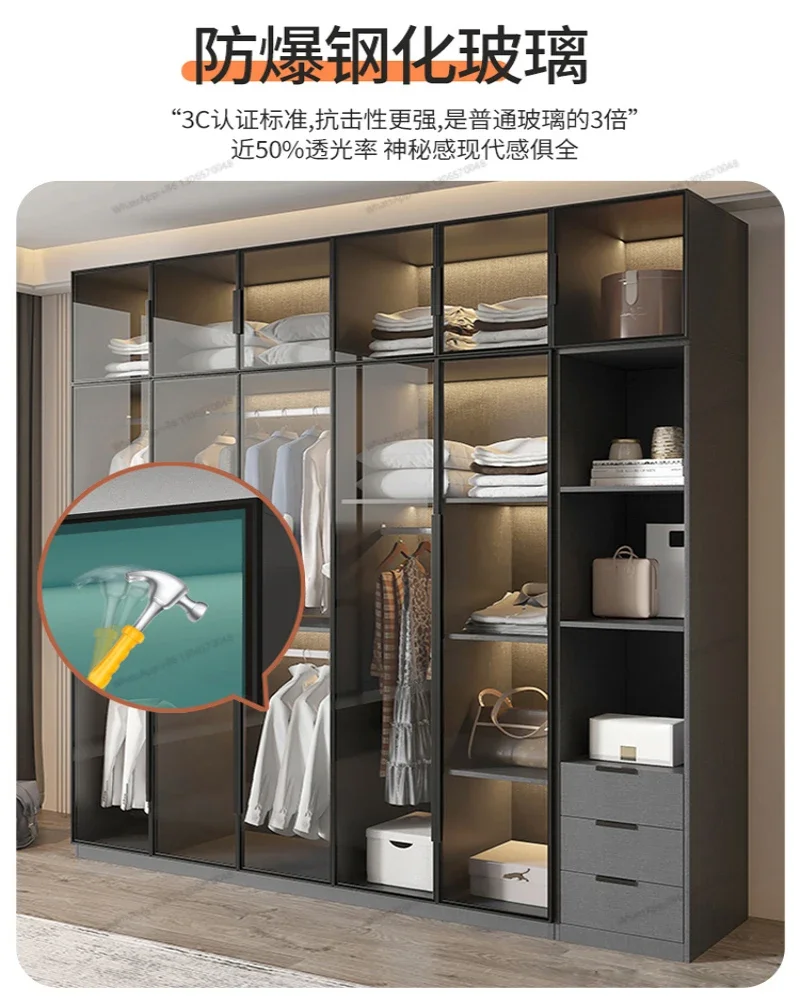 Wardrobe, Household Bedroom, Solid Wood Small Unit Package Installation, Light Luxury Storage, Two Door Customized Cabinet Glass