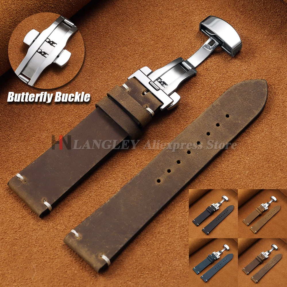 Vintage Stitching Cowhide Strap for Omega 18/20/21/22/24mm Business Wrist Bracelets for Seiko Leather Watchband Butterfly Buckle