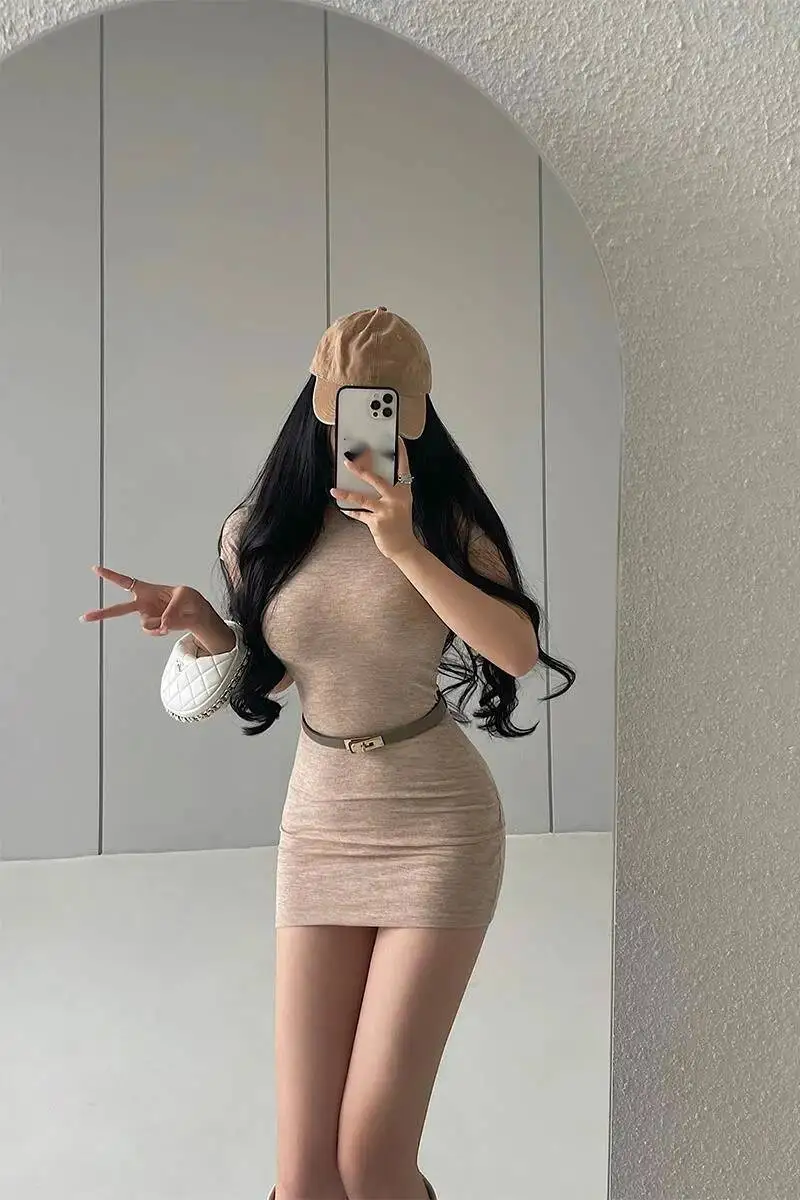 WOMENGAGA Sexy Sottile Abito a maniche corte Elegante T-shirt corta Mini abito Dolcevita Cintura Rosa Hot Sexy Donne coreane Bella 0Q8N