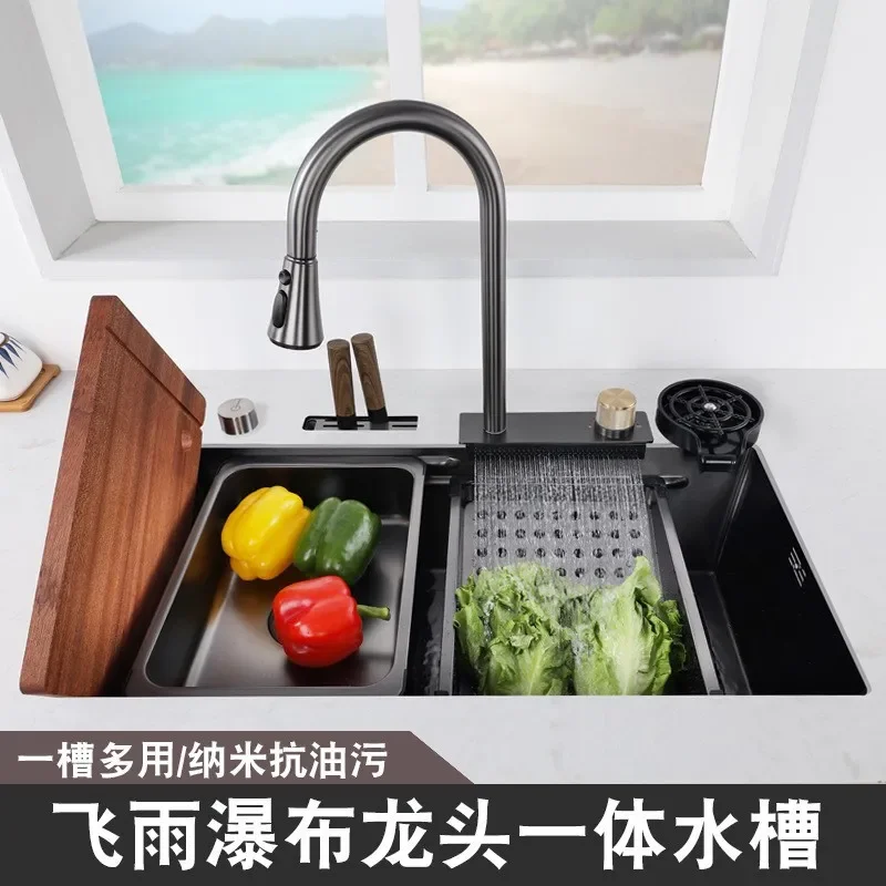 for Feiyu 304 Stainless Steel Nano Integrated Large Single Kitchen Sink with Knife Holder Dishwashing Basin and Faucet