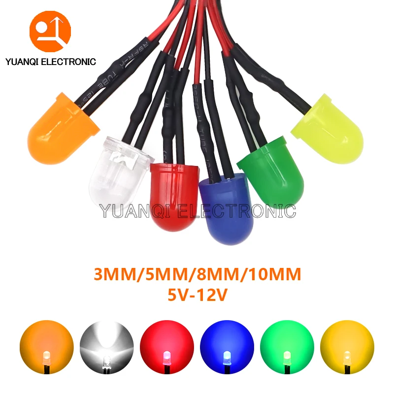 3mm 5mm 8mm 10mm LED 12V 20cm Pre-wired White Red Green Blue Yellow Orange Diode Lamp Decoration Light Emitting Diodes