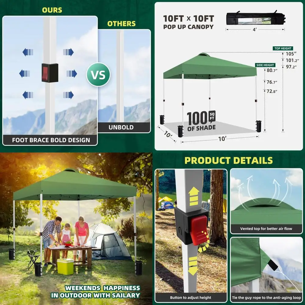 

Прочная выдвижная палатка с навесом 10x10 с сумкой для переноски, 8 кольев и 4 веревками, зеленое коммерческое навесное от солнца