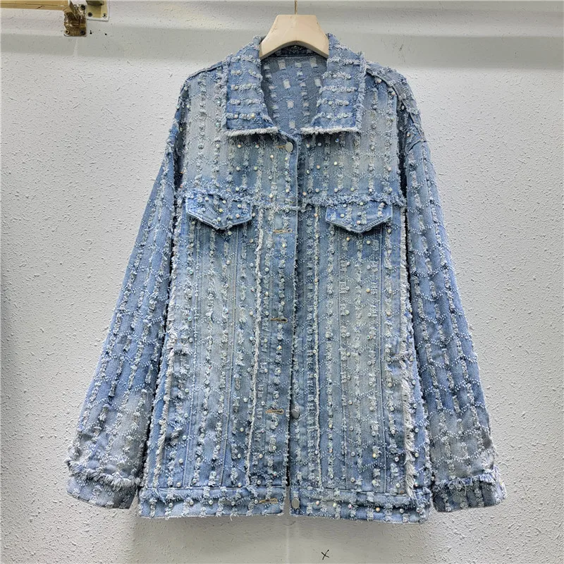 

Spring New Women Vintage Pearl Beading Frayed Burrs Denim Jacket Blue Black Loose Casual Lapel Long Sleeve Cowboy Coat Female