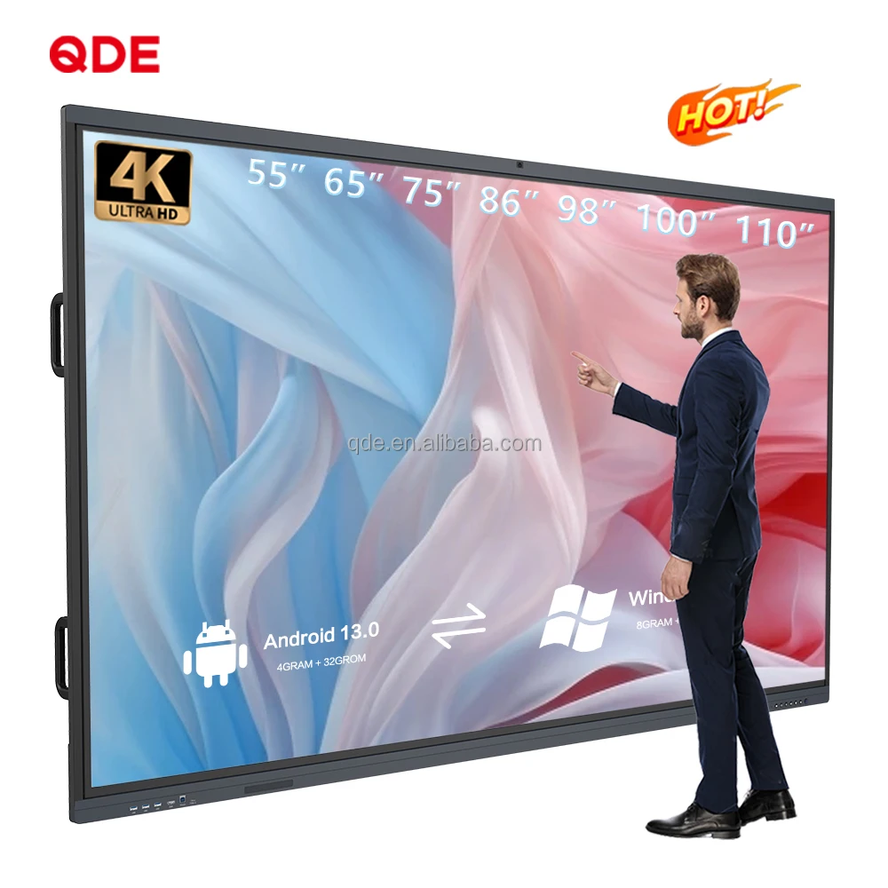 QDE Factory Price 4k 86 55 65 75 85 98 115 Inch Android/OPS Touch Screen Digital Whiteboard Smart Board Interactive Whiteboard