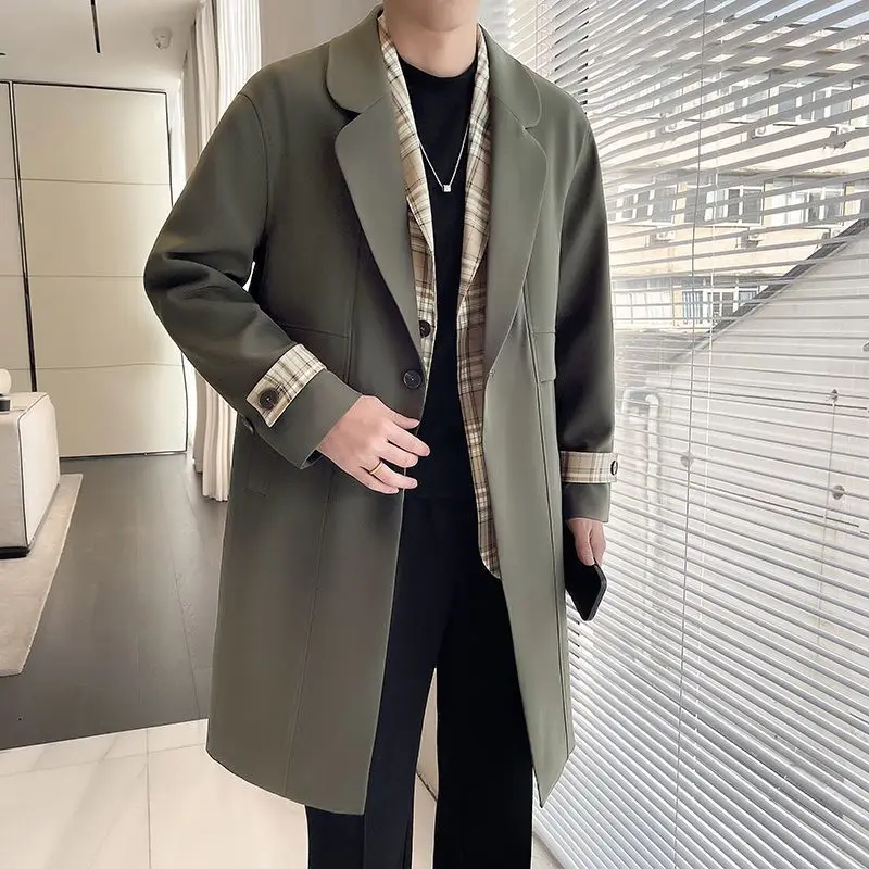 Men Lapel Mid Long Wool Blend Coat Loose Plaid Cuff Design Overcoat Single Breasted Business Casual Long Trench Coat For Autumn