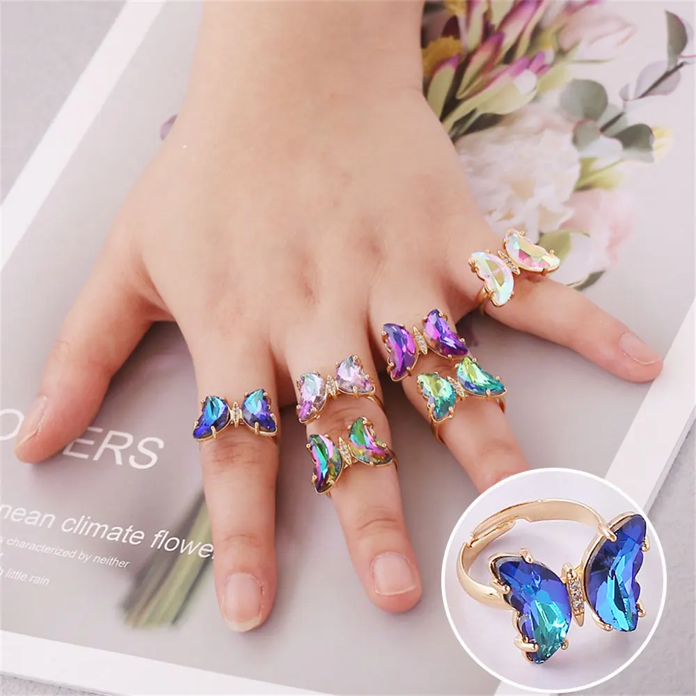 Fantasy Rhinestone Butterfly Ring Adjustable Opening Finger Ring Romantic Colorful Women's Jewelry Exquisite Gifts Accessories