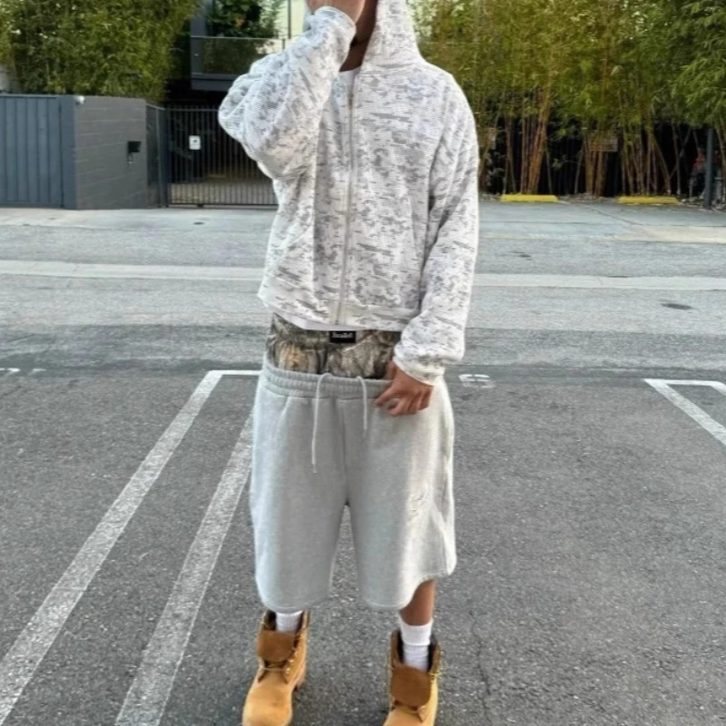 Y2K retro shorts camouflage pattern street wear men's and women's Harajuku hip-hop casual double waist embroidered boxer sports