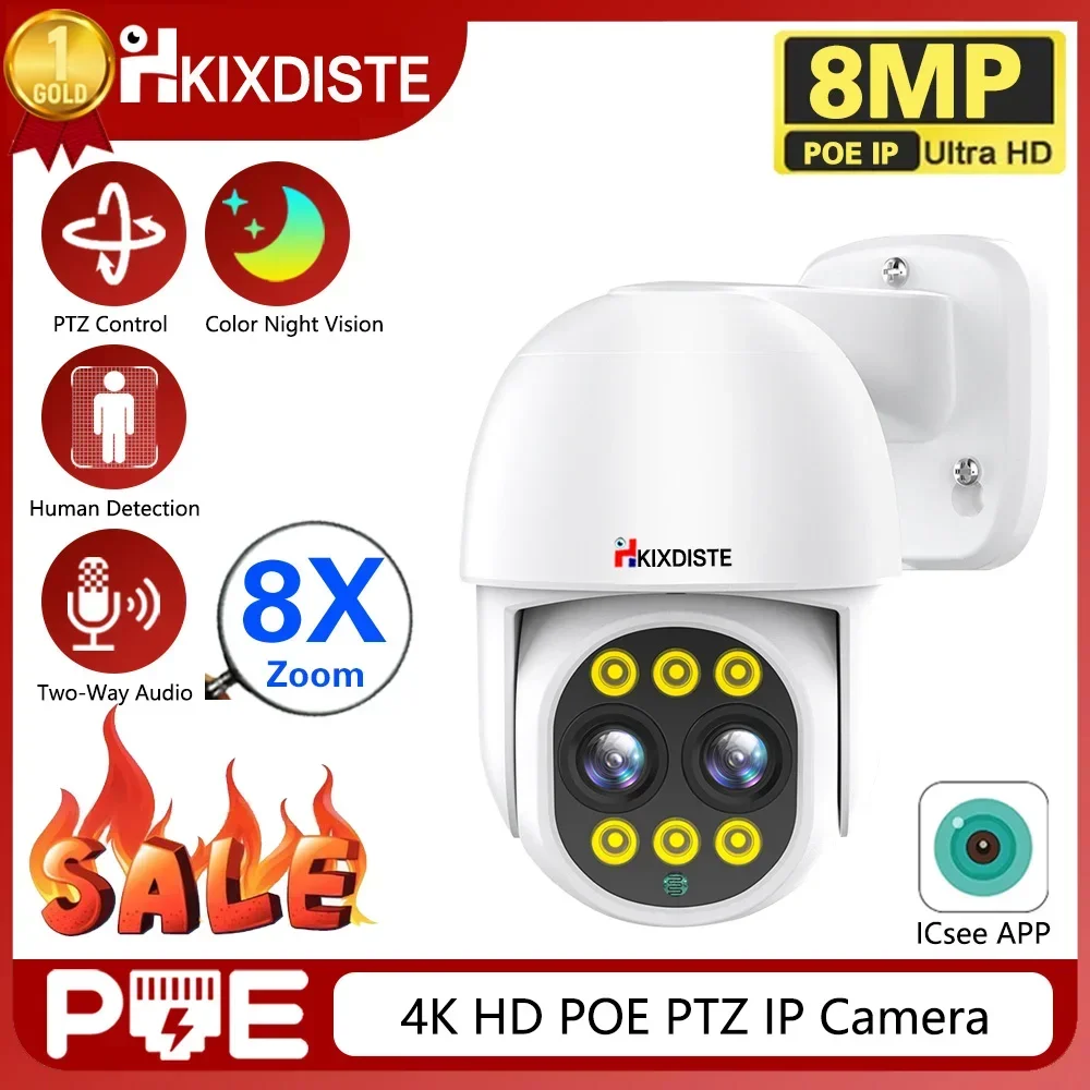 Sistema de Câmera IP ICsee-POE com Lente Dupla, Segurança CCTV PTZ, Vigilância por Vídeo, Áudio Bidirecional, 8MP, Zoom 8X, 4K, 4MPx2