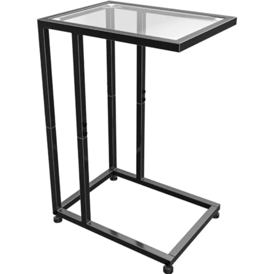 

C Shaped End Table Tempered Glass Snack Side Table with Metal Frame TV Tray for Small Space Sofa Couch and Bed Modern Style Bla