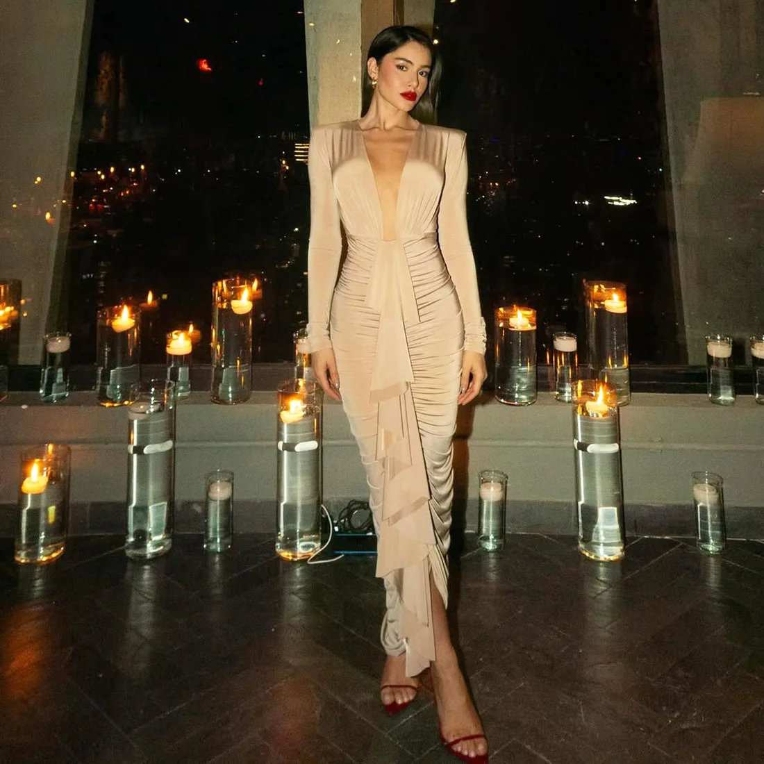 Autumn Women Elegant Sexy Ruffles Ruched Bodycon Maxi Dress Deep V Neck Full Sleeve Slim Party Long Robe Banquet Evening Gown