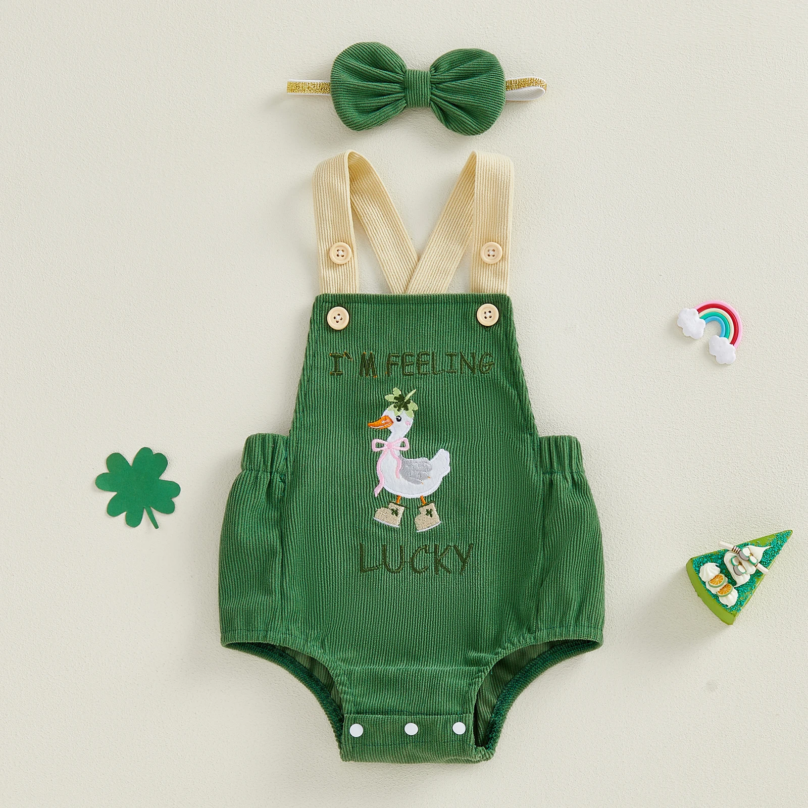 

Комбинезон для маленьких девочек на День Святого Патрика, комбинезон без рукавов с вышивкой трилистника, подходящей повязкой на голову и бантом