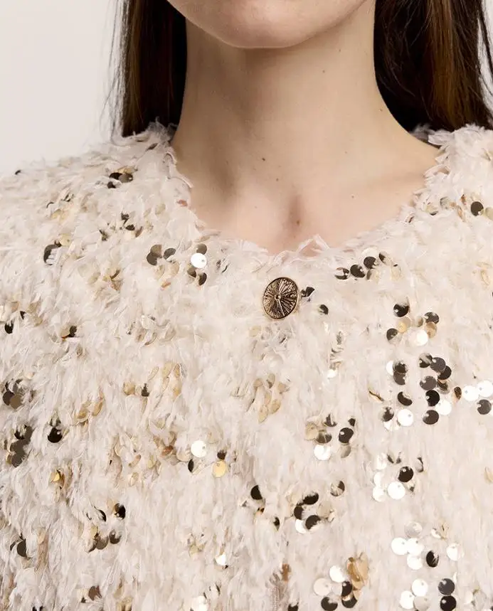 Warm Sequin Plush Fleece Open Front Cropped Winter Coat Contrast Outwear Fashion Fall