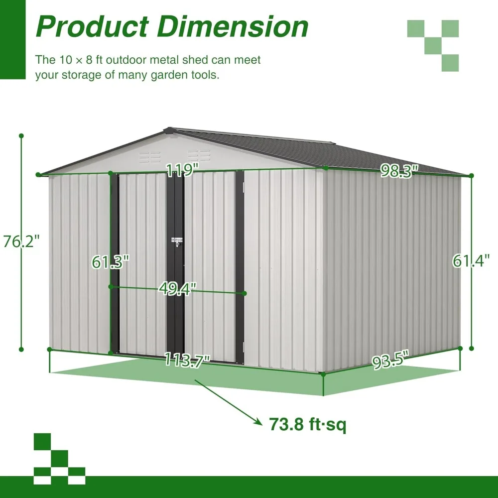 Cobertizo de almacenamiento para exteriores de 10 x 8 pies, cobertizo de almacenamiento de metal con puertas dobles abatibles, cobertizo de jardín de acero galvanizado impermeable