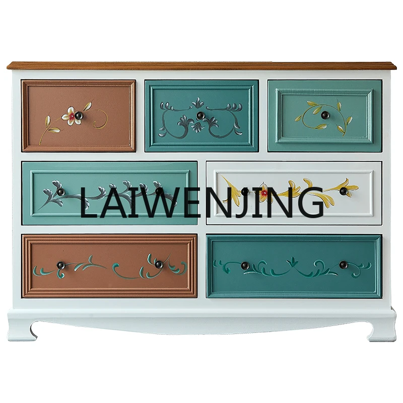 CountryHand-Painted 7-Drawer Cabinet Bedroom Multi-Functional Retro Storage Storage TV Cabinet Sitting Room Cabinet Complete Set