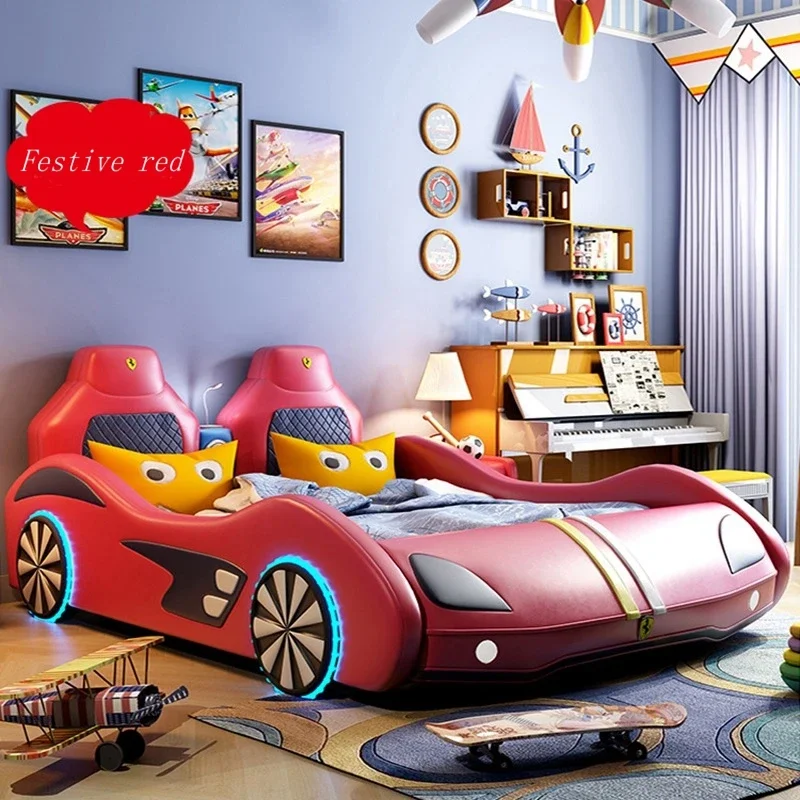 1.2m boys and girls cartoon leather Children's car bed with high box Solid wooden with guardrail multi-functional kids beds