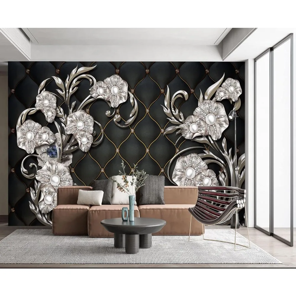 جدارية حائط أنيقة على شكل زهرة منقوشة باللؤلؤ الأسود - ورق جدران مزخرف لغرفة النوم 103 × 69