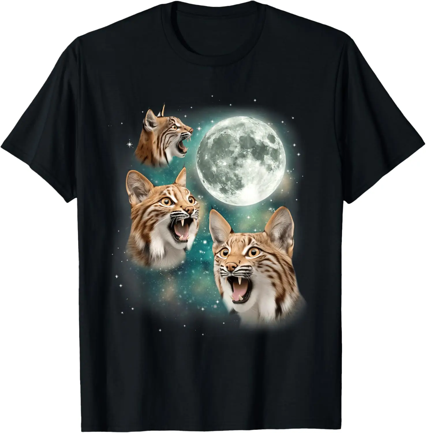 

Three Bobcats Howling Moon Graphic Print Cotton Short Sleeve Round Neck T-Shirt Casual for Men