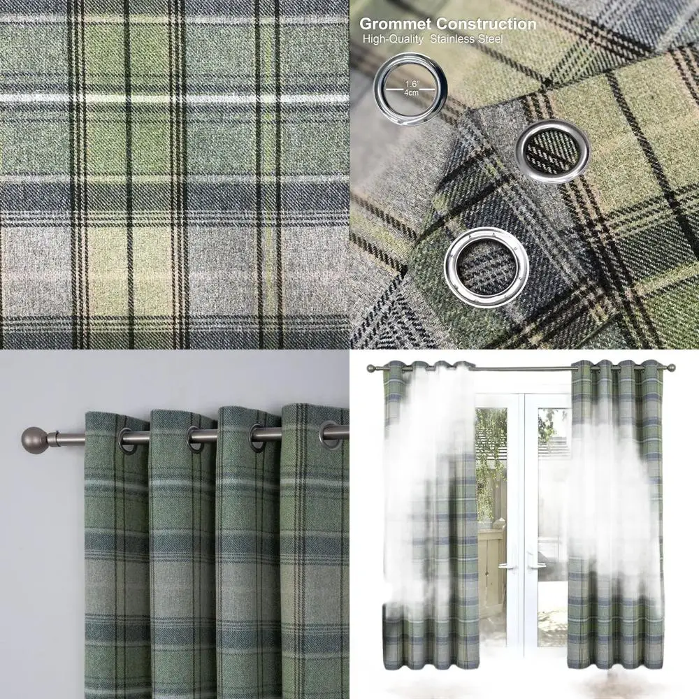 

Green Plaid Wool-Look Curtains, Modern 2-Panel Set for Living Room/Bedroom, 45x63 Inches