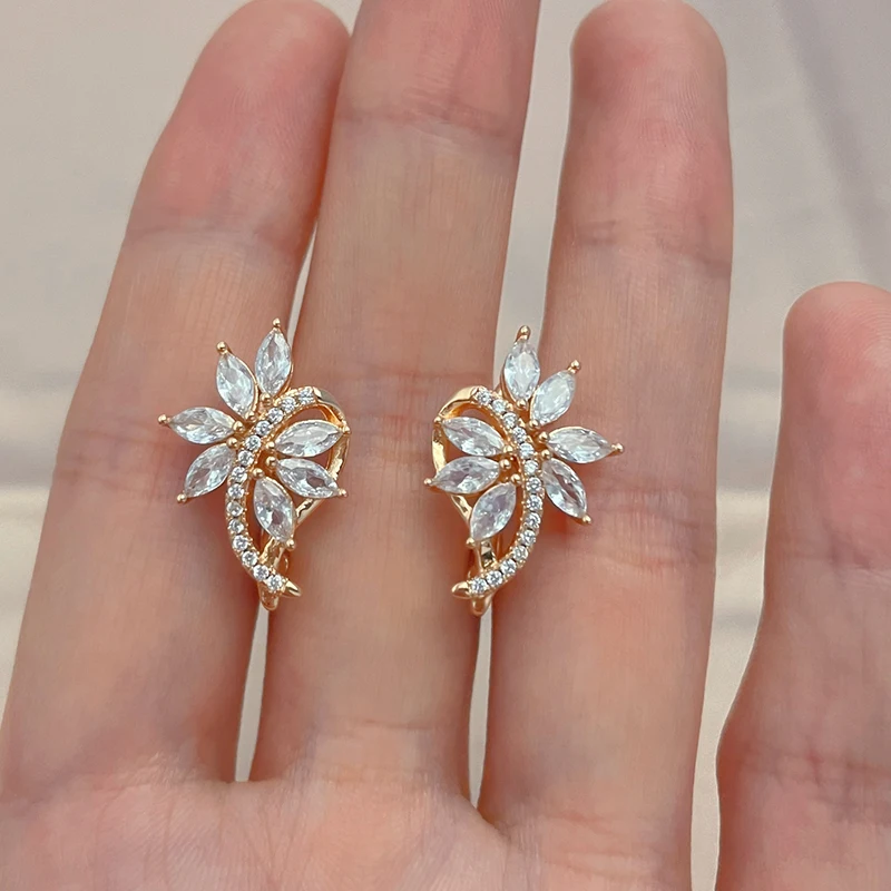 Wbmqda Luxury Crystal Flower Dangle Earrings For Women 585 Rose Gold Color Natural Zircon Setting Bridal Wedding Fine Jewelry