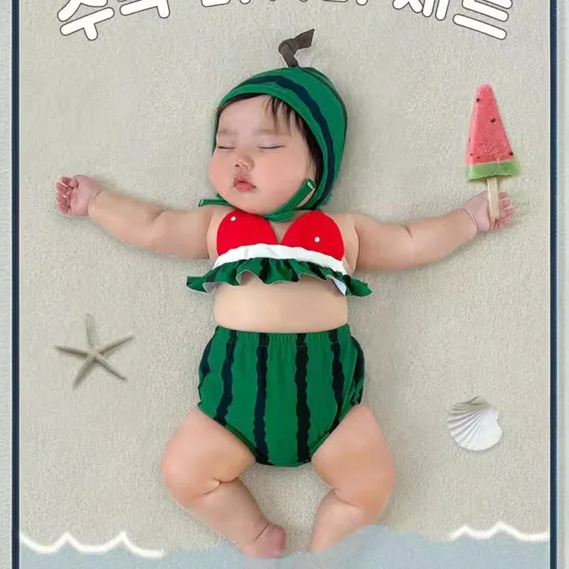 

Summer Korean Baby Clothes Swimsuit Suit Boys Girls 3 Piece Set Funny Watermelon Overall Sling Bikini Bathing Bikinis