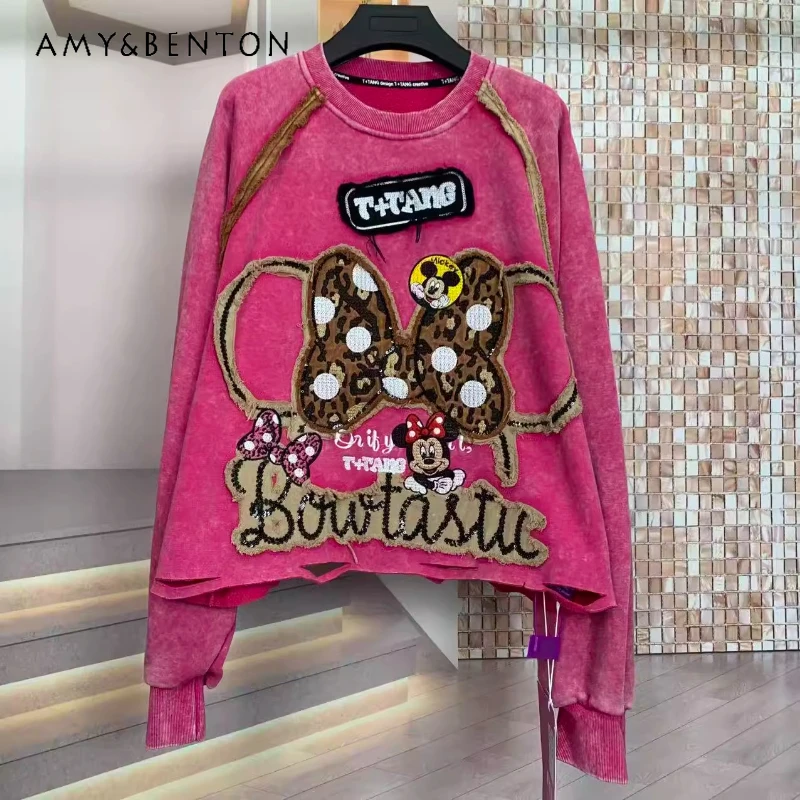 

Trendy Brand Autumn Winter Heavy Embroidery Cartoon Age-Reducing Loose Hoodies Fashion Short Crew Neck Sweatshirt Top Sudaderas