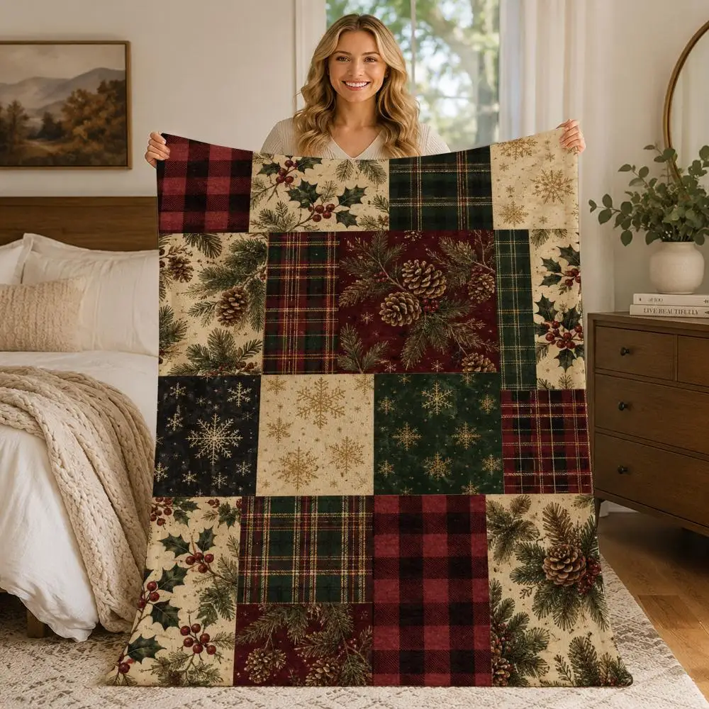 Christmas Holiday Patchwork Throw Blankets Soft Warm Flannel Blanket Bedding for Bed Living room Home Sofa