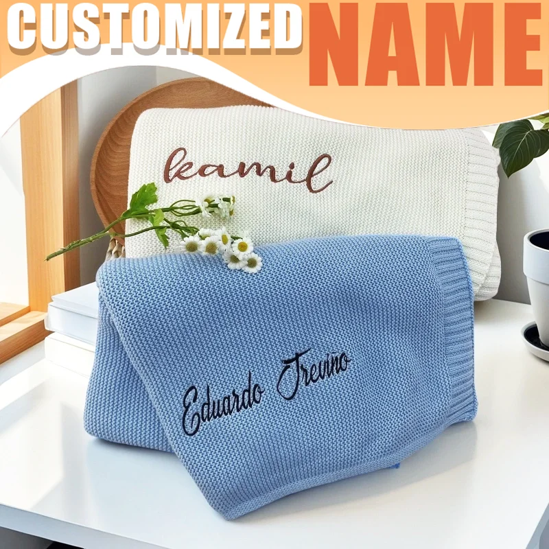 

Personalized Baby Blanket Knitted Swaddle Wrap Custom Name Embroidery Soft Fleece Crib Bedding Toddler Stroller Blanket Gift