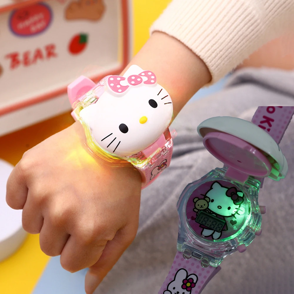 Kawaii Sanrio Hello Kitty Doll Child Toy Watch Anime Figure Light Music Water Repellent Flip Cover 3-12 Years Old Birthday Gift