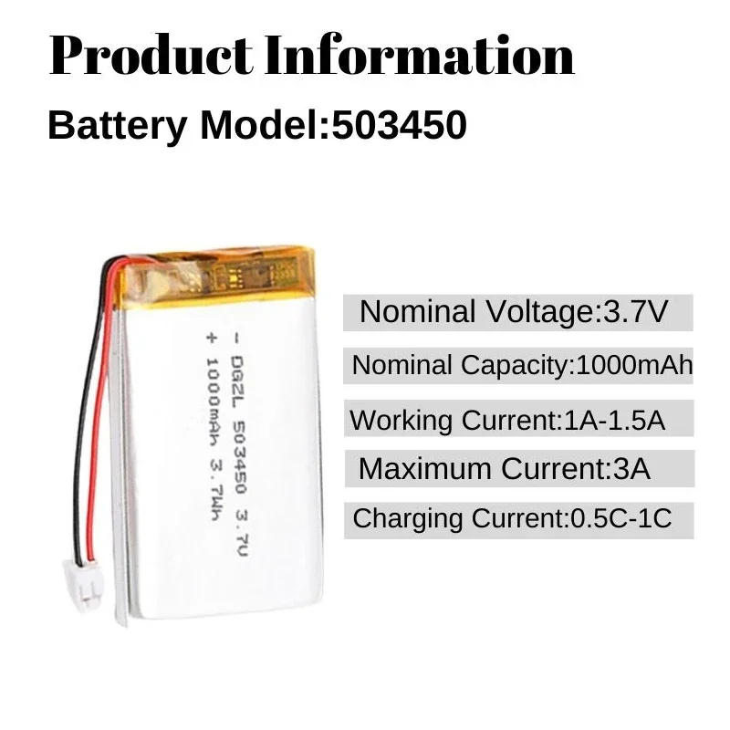 10 Pcs 3.7V 1000mAh 523450/503450 Polymer Lithium Rechargeable Battery Li-ion Battery JST PH2.0 2pin for GPS Smart Phone DVD MP5