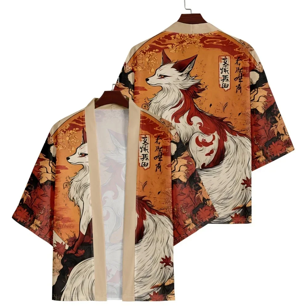 Vintage Nine Tails Fox Maple Leaf Print 1/2 Sleeve Open Yukata Outerwear Unisex Japanese Kimono Lightweight Festival Cover Up
