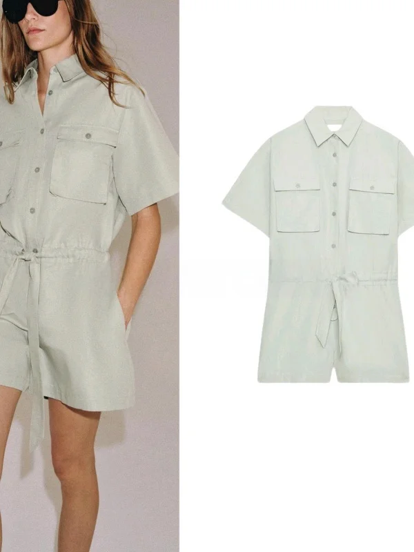Summer Women's Shirt Style Belted Romper with Multiple Buttons Short Sleeve Turn-down Collar Diamond Embellished Mid-waist