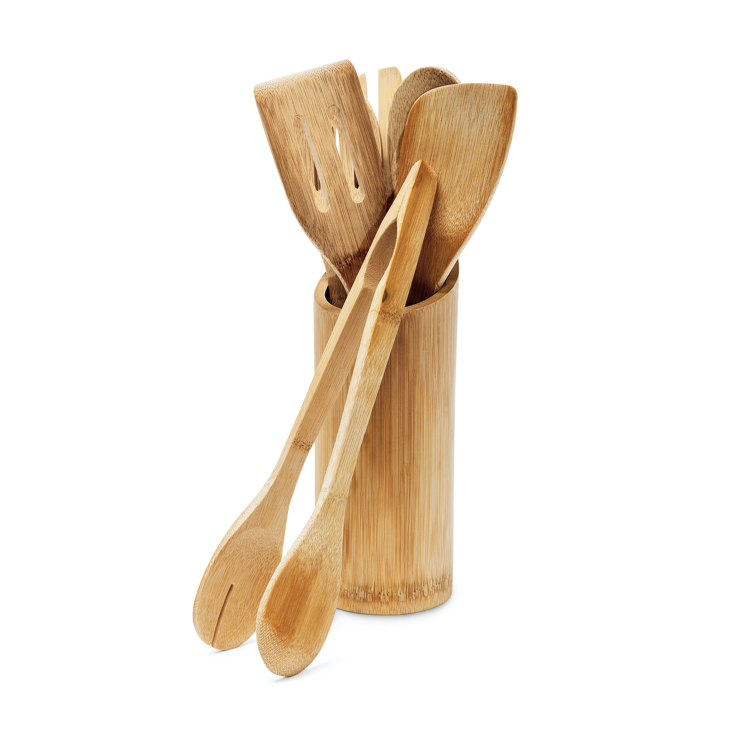 Küchenhelfer-Set 7-teilig, mit Bambushalter, für Kochen und Backen, Bambus, 30 cm, Kochbesteck, Kochlöffel, Pfannenwender, Relaxdays