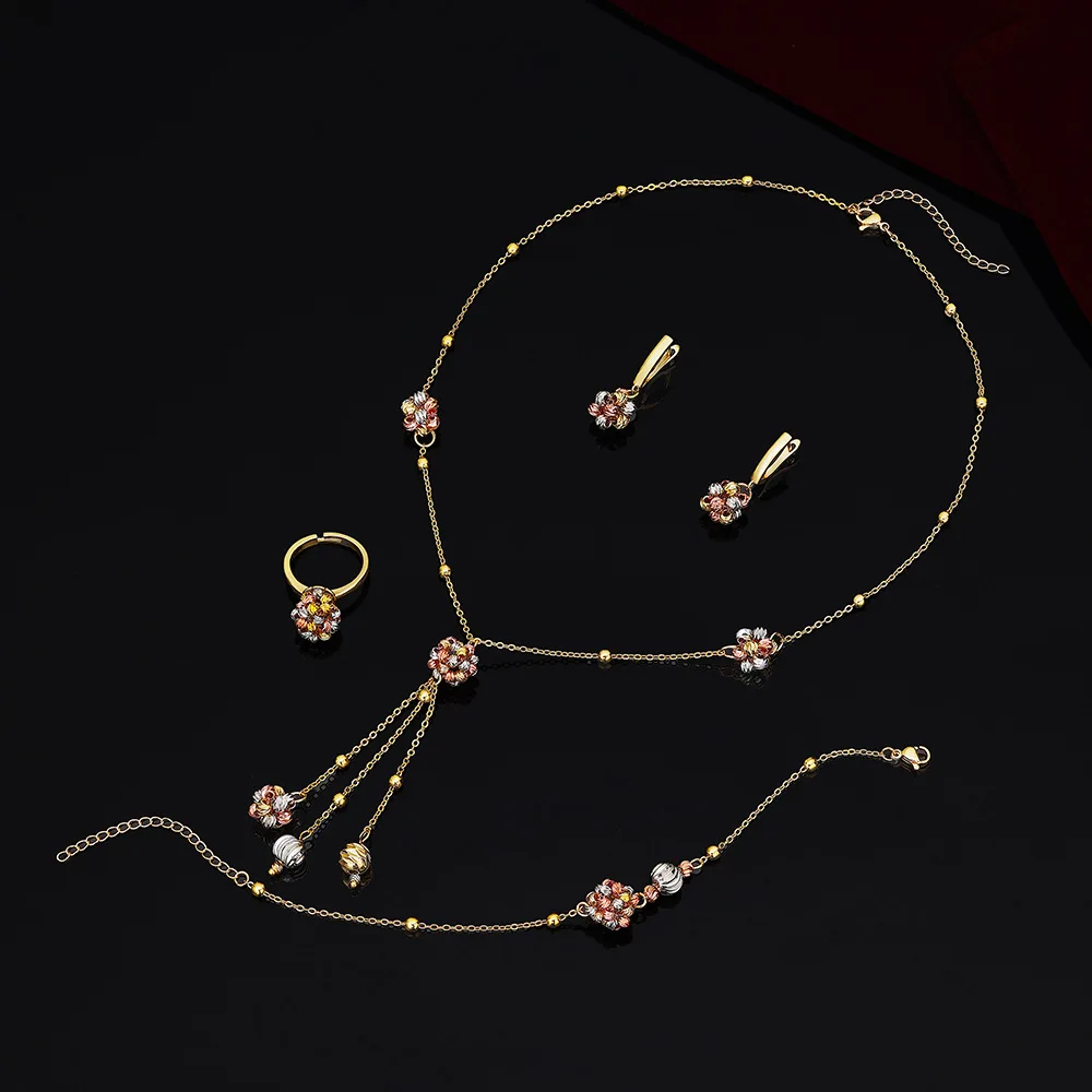 

New Cross-border Jewelry Set: Floral Tassel Necklace, Bracelet, and Earrings – Stylish and Versatile Women's Set