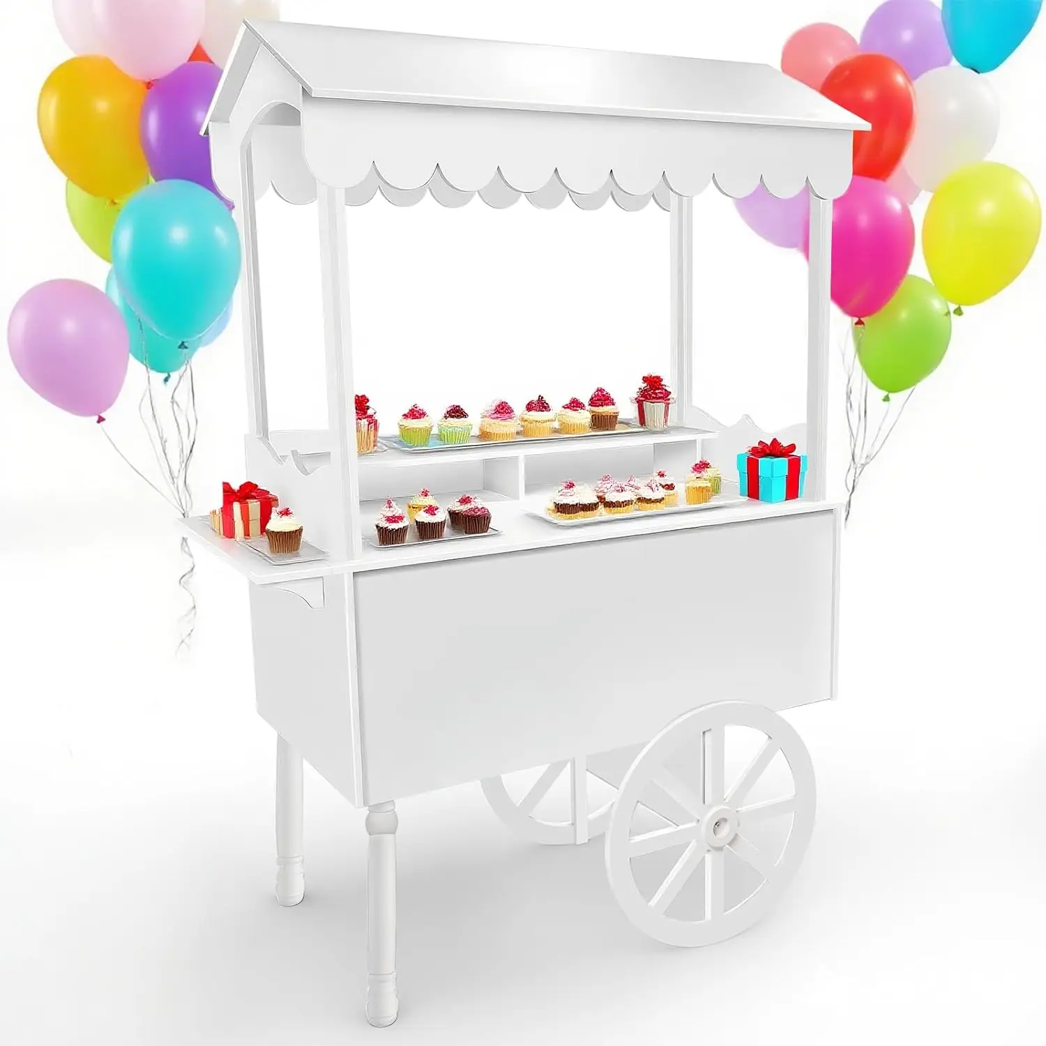 US Shipping Vintage White Dessert Cart Stand with Wheels String Light Balloons for Party Birthday Wedding Cake Display 72