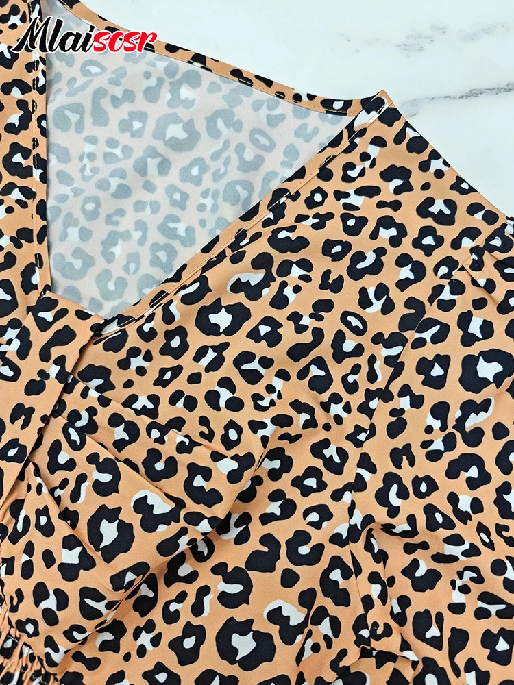 Mlaiscsr Abito a maniche lunghe con scollo a V con stampa leopardata per le donne Sexy allentato a vita alta con spacco Elegante festa di compleanno Boho Fashion Vestido