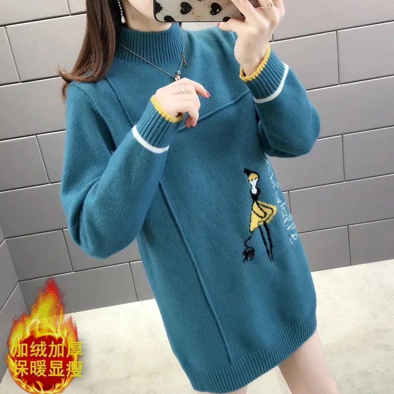 

Autumn Winter Women's Fashion Sweater Knitted Dress And Pullover New Loose Half high Collar Warm Sweater Outside Wear Knitt Coat