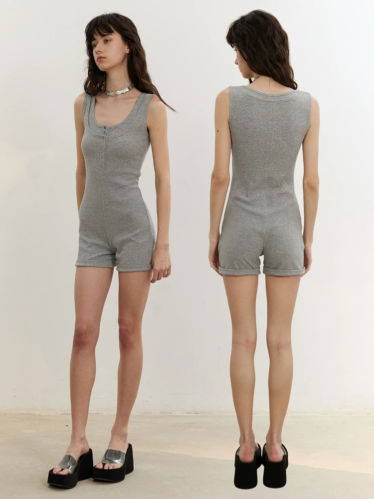 ชุดบอดี้สูท SOLWEIGE Sli Tee-Quarter Sve แบบมีกระดุมสองชั้น ดีไซน์คอวีขนาดใหญ่ แฟชั่นฤดูร้อน