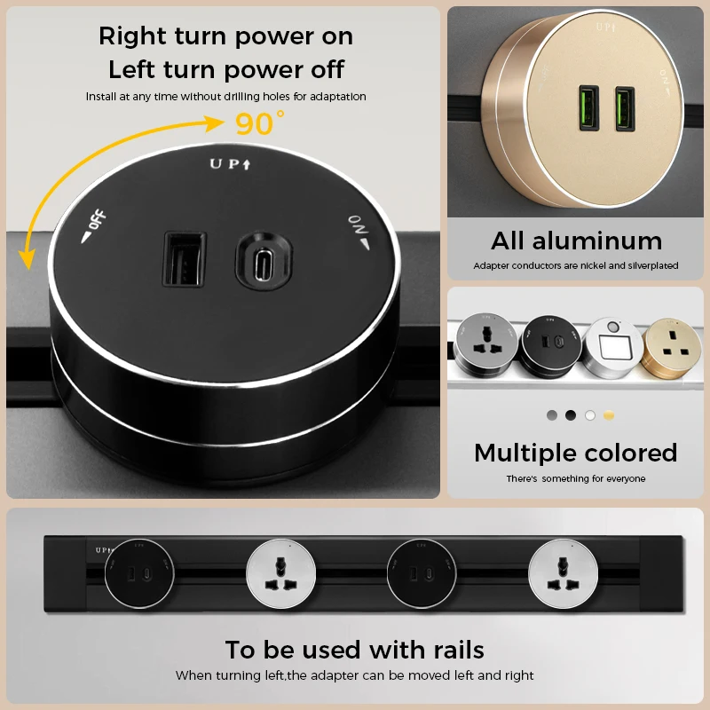 Avoir AD1 Round Track Socket Adapter Module Aluminum Brushed Wall Outlet Rail Socket on Wall EU UK USB Kitchen With Plug Office