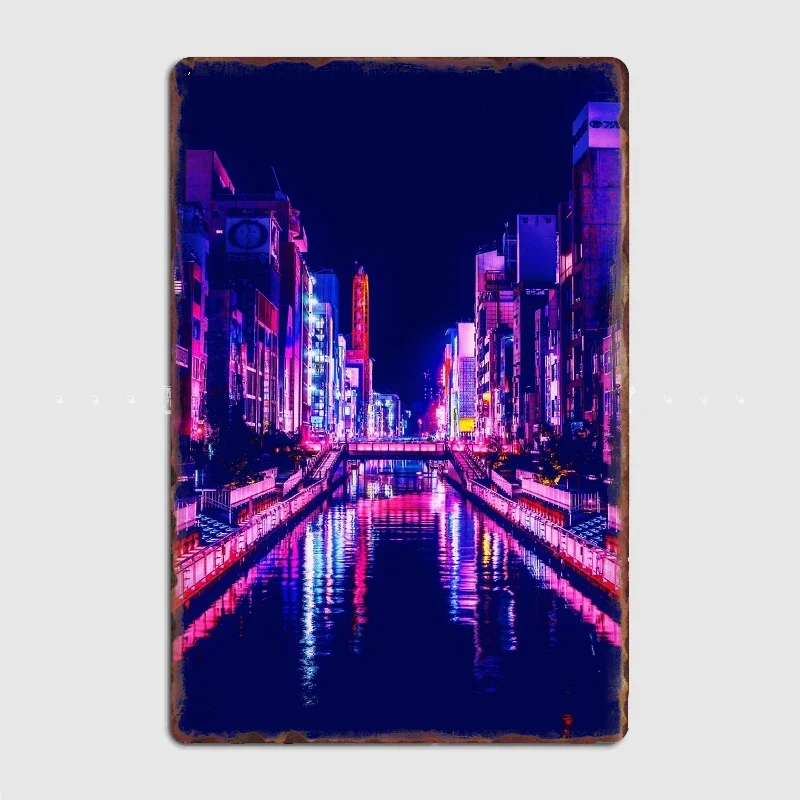 Osaka Japan at night cyberpunk stylMetal Print Mural Garage Decoration Club Party Vintage Tin Sign Poster Coffee/Bar decoration