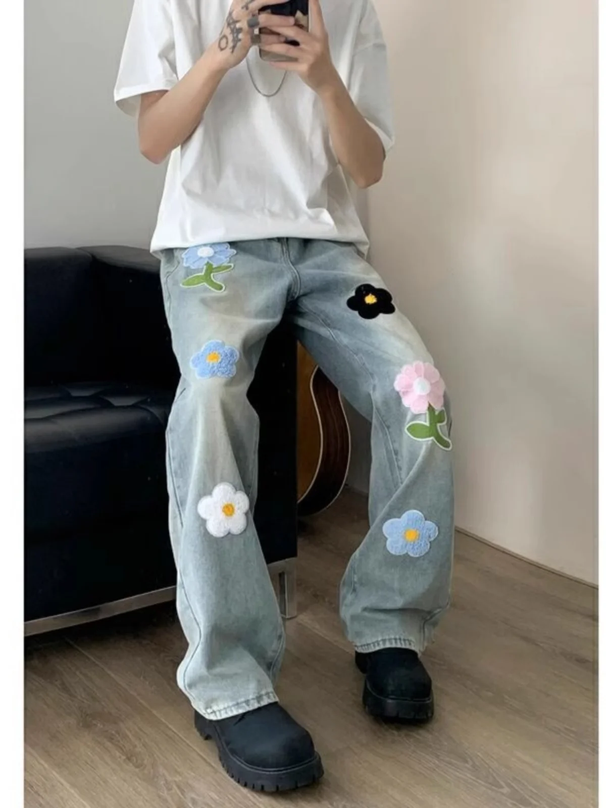 

American High Street Vintage Embroidered Print Men's Jeans Autumn Straight Leg Wide Leg Long Pants Casual Loose Fit Jeans