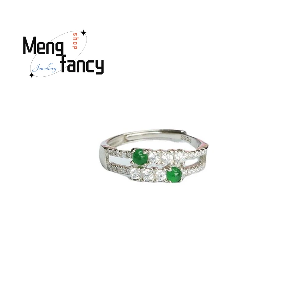 S925 Silver Inlaid Natural Jadeite Ice Type Imperial Green Finger Ring Exquisite Elegant Charm High-grade Luxury Fashion Jewelry