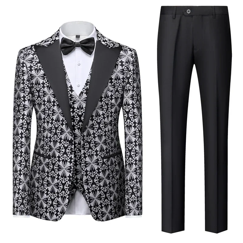 

(Blazer+ Vest+Pants) Boutique Fashion Printing Men's Casual Formal Office Business Tuxedo Groom Wedding Dress Party Suits 5XL