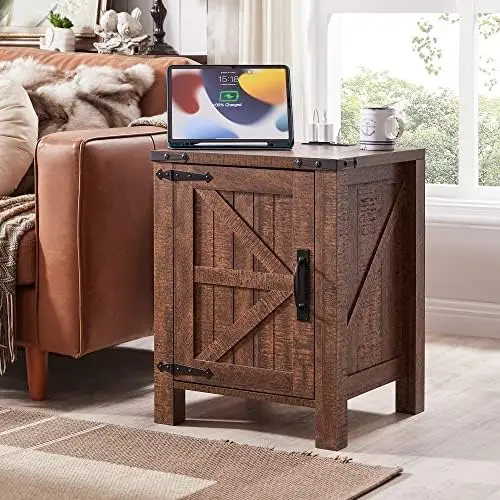 

Nightstand w/Charging Station, 18 Inch Farmhouse End Table w/Barn Door and Adjustable Storage Shelf, Rustic Wood Sofa Side Table