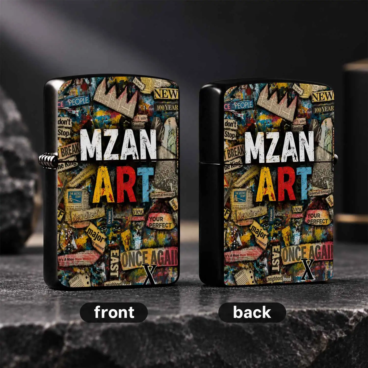 Vintage Collage Art Style MZAN ART Themed Lighter, Retro Graffiti Newspaper Sticker Creative Decor, Portable Multi-scene Daily Use, Unique Exquisite Fun Gift For Friends And Art Enthusiasts  A Humorous And Interesting Lighter