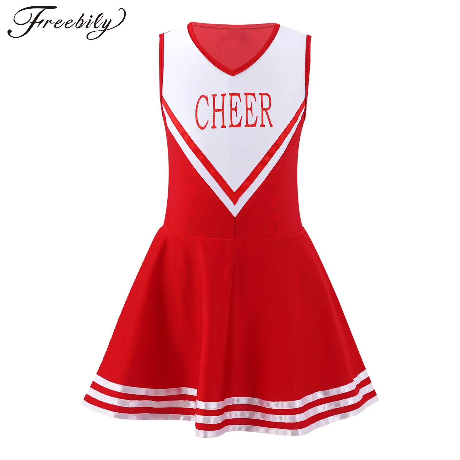 Girls Sleeveless Cheerleading Dance Dress V Neck Letter Print Schoolgirls Cheer Clothing for Cosplay Party Sports Meeting Stage