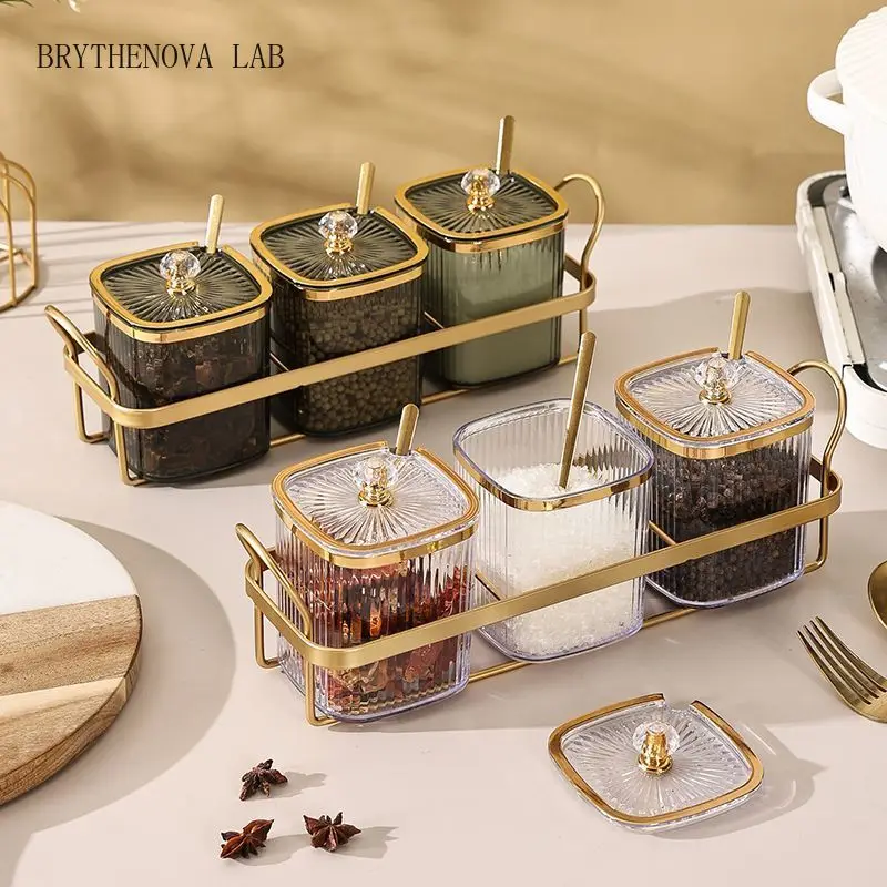 Luxury Gold Plated Vertical Pattern Transparent Spice Jar Set Home Salt Kitchen Jar Chili Spice Storage Box Grain Storage Bottle