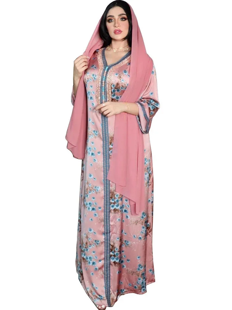 Eid Floral Print Muslim Abaya Dress with Scarf Women Diamond Dubai Arab Moroccon Kaftan Gown Robe Vestido Abayas Caftan 2024