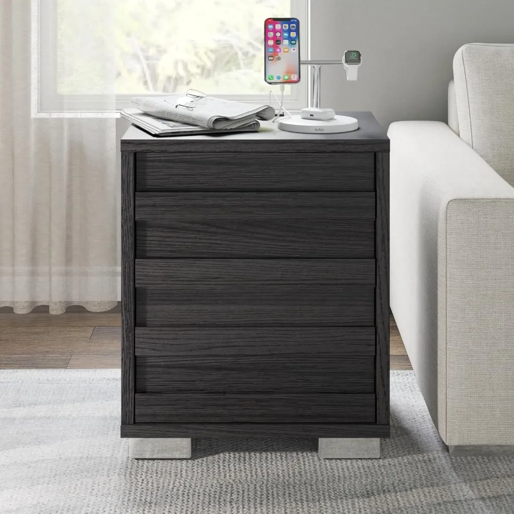 Nightstand Set of 2 with Charging Station, Wood Bedside Table with 2 Drawers, Farmhouse End Table with Slated Handles &