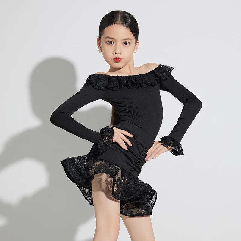 

Kids Off-Shoulder Latin Dance Costume Girls Performance Wear Samba Dance Dress Rumba ChaCha Dancing Competition Sets DL11185