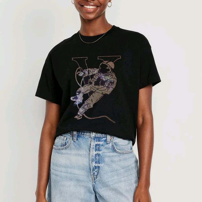 

Fashion women t shirts 2025 new arrived cotton high quality clothes rhinestones print o neck black shirts